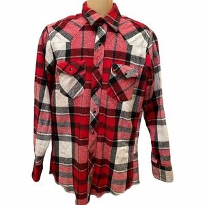 Vintage Wrangler X-Long Tails Red Plaid Shirt 15.5x34 Pearl Snap Cotton Cowboy